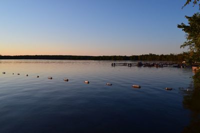 Calm lake against clear blue sky