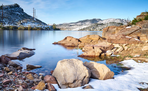 Scenic view of lake by mountains against sky