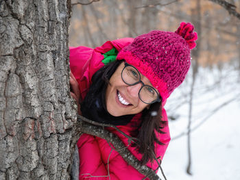 Portrait of woman wearing hat during winter