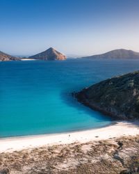 Scenic view of sea against clear blue sky