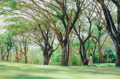 Woman sitting on tree trunk amidst plants