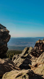 Scenic view of rocky mountains against clear blue sky