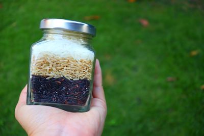 Cropped hand holding rice in jar outdoors