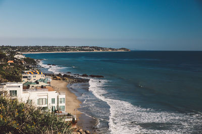 Scenic view of sea against clear blue sky