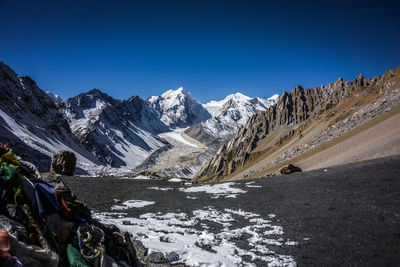 Scenic view of snowcapped mountains against clear blue sky