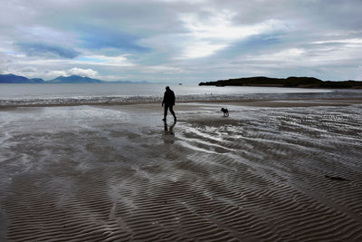 Man walking on beach against sky