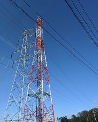 Low angle view of communications tower against blue sky