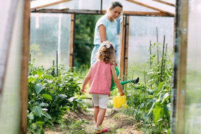 A happy little girl helps her mother to water the plants in the greenhouse. childhood, parenting, 