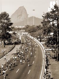 High angle view of people on street