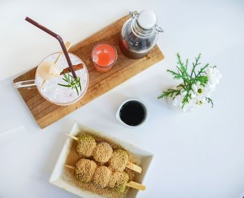 High angle view of breakfast on table