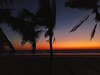 Silhouette palm tree by sea against sky at sunset