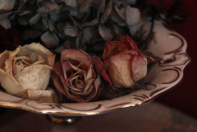 Close-up of dried roses in a porcelain bowl