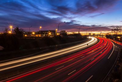 Light trails on road at night