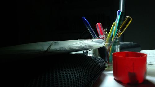 Close-up of red wine on table