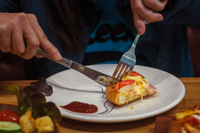 Midsection of man preparing food in plate