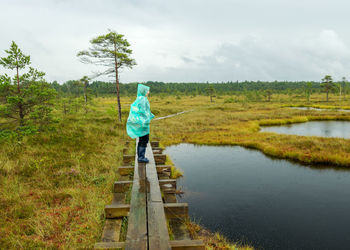 Rear view of woman walking on boardwalk against sky