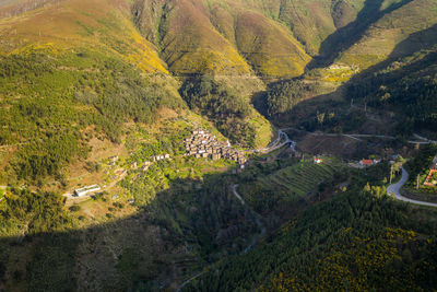 Piodao aerial drone view of schist shale village in serra da estrela, portugal