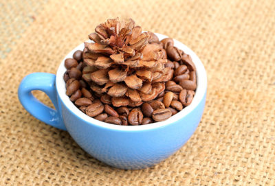 High angle view of chocolate in bowl on table