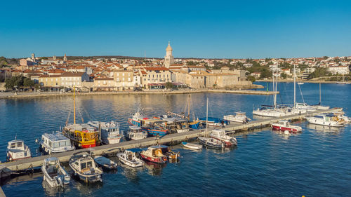 Aerial view of historic adriatic town of krk , island of krk, kvarner bay of adriatic sea, croatia