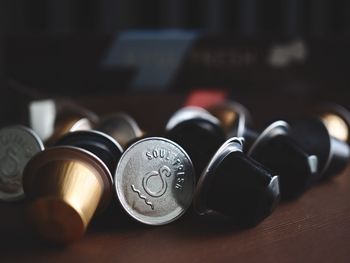 Close-up of coins on table