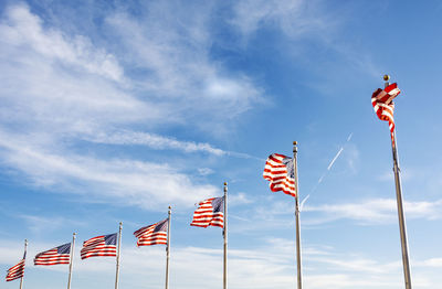 Low angle view of flag flags against sky