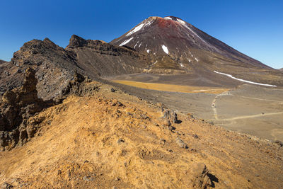 Scenic view of snowcapped mountains against clear sky