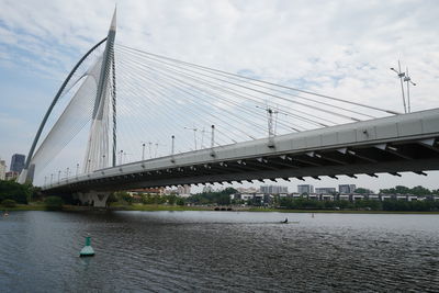 Bridge over river against cloudy sky