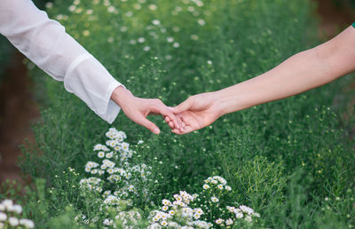 Midsection of couple holding hands