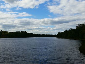 Scenic view of river against cloudy sky