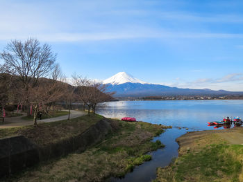 Scenic view of lake against cloudy sky