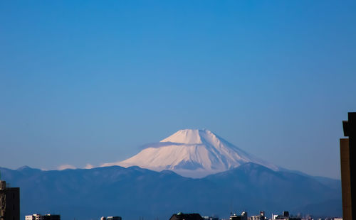 View of snowcapped mountain against blue sky