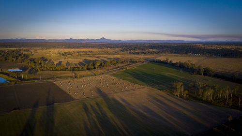 High angle view of field against sky