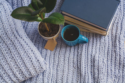 High angle view of coffee on table