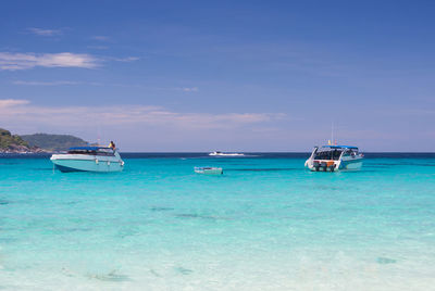 Sailboats in sea against sky