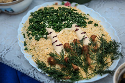 High angle view of food in plate