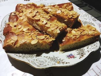 High angle view of dessert in plate on table