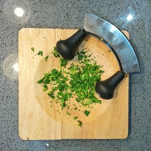 High angle view of chopped vegetable on cutting board