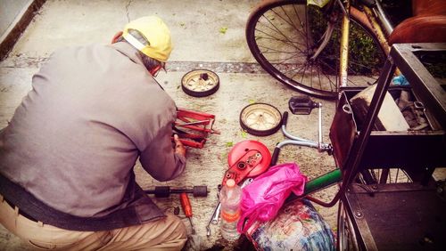 High angle view of men working