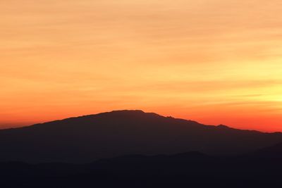 Scenic view of silhouette mountains against romantic sky at sunset