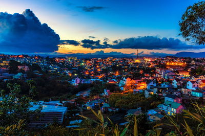 Aerial view of city at sunset