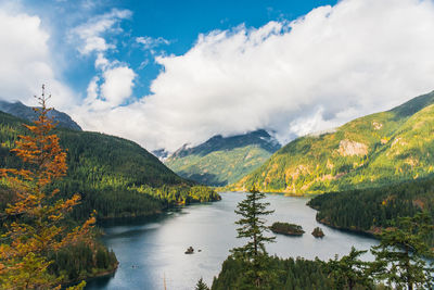 Scenic view of lake by mountains against sky