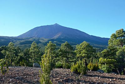 Scenic view of mountains against clear blue sky