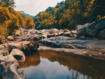 Scenic view of lake against sky during autumn