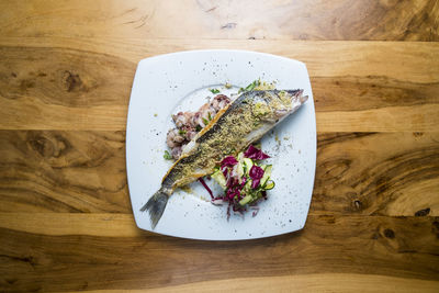 High angle view of food in plate on table