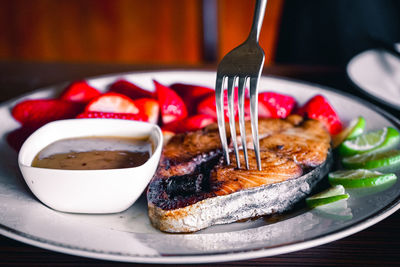 Close-up of dessert in plate on table