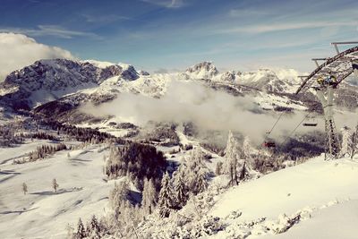 Scenic view of snow covered mountains against sky