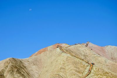 Low angle view of rock formations against clear blue sky