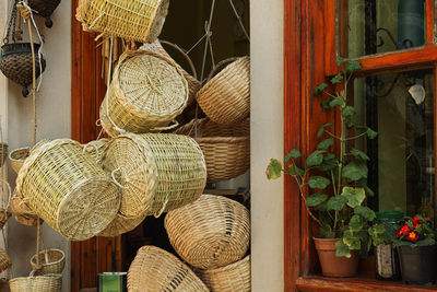 Close-up of baskets hanging