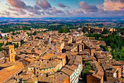 High angle view of buildings in city