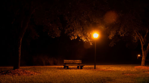 Empty bench in park at night